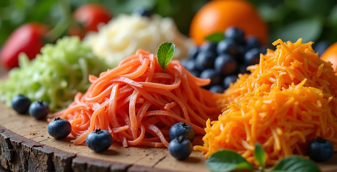 Assortiment coloré d’aliments fermentés, fibres solubles et fruits riches en antioxydants