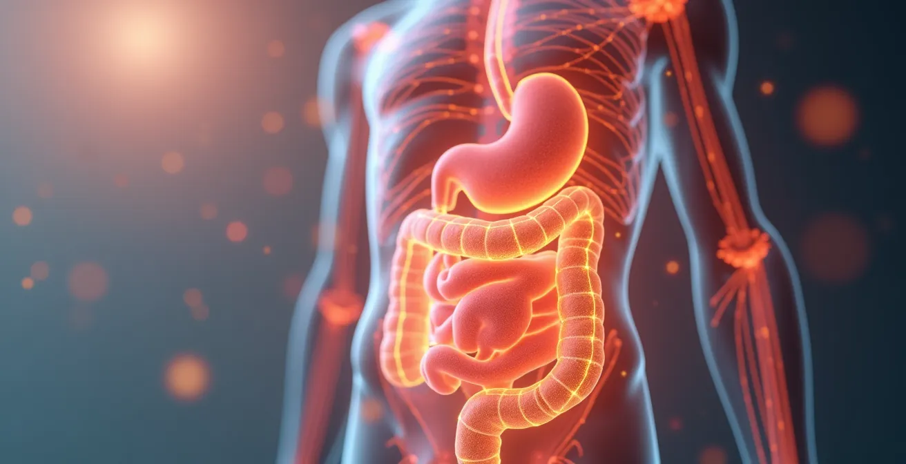 Illustration conceptuelle des échanges entre microbiote intestinal et microbiote cutané