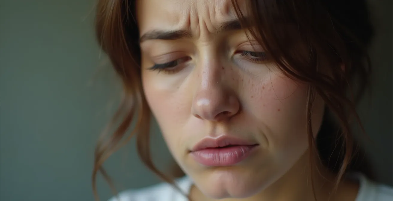 Portrait d'une femme avec expression douce mais teint terne reflétant le stress intérieur