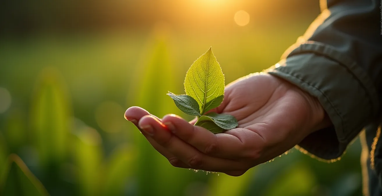Main tenant délicatement une feuille verte symbolisant l'impact écologique réduit