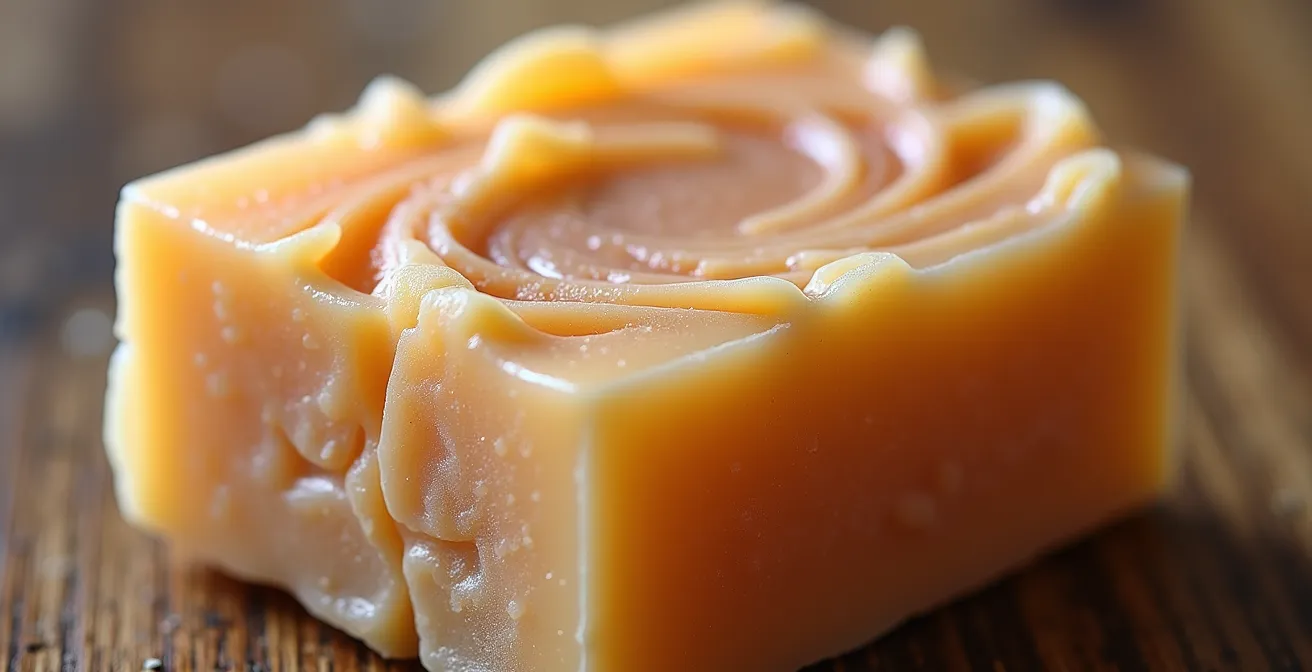 Texture en gros plan d'un savon solide artisanal aux huiles végétales