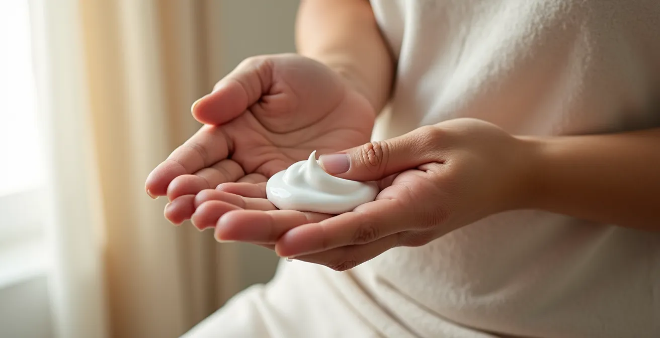 Mains appliquant délicatement une crème sur la peau avec une texture visible