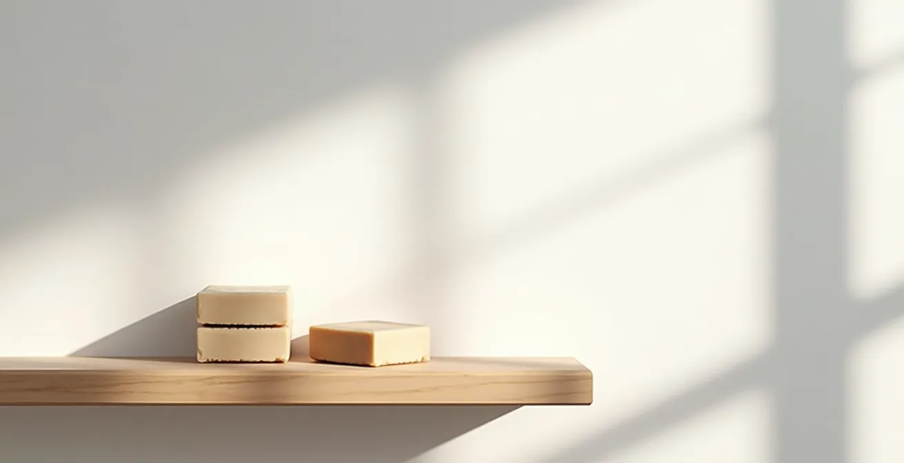 Composition épurée de cosmétiques solides sur étagère en bois naturel