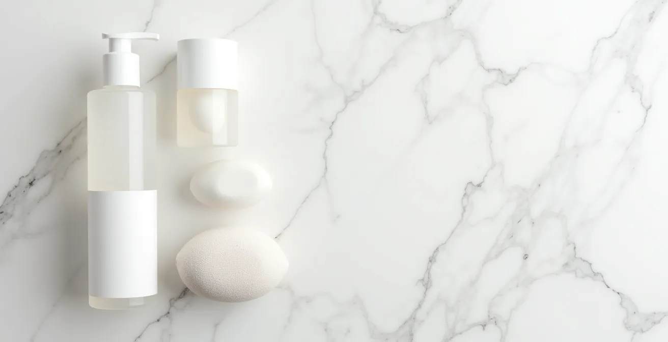 Disposition minimaliste de produits de soin sur une surface en marbre blanc