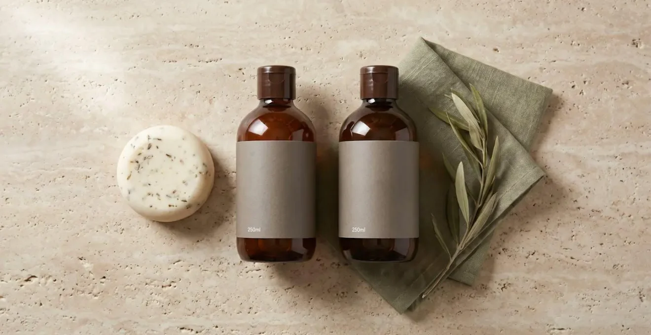 Comparaison visuelle entre un galet de shampoing solide et deux flacons de shampoing liquide posés sur une surface naturelle