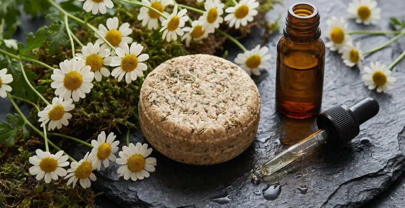 Fleurs de camomille matricaire bio et galet de shampoing solide posés sur une ardoise naturelle