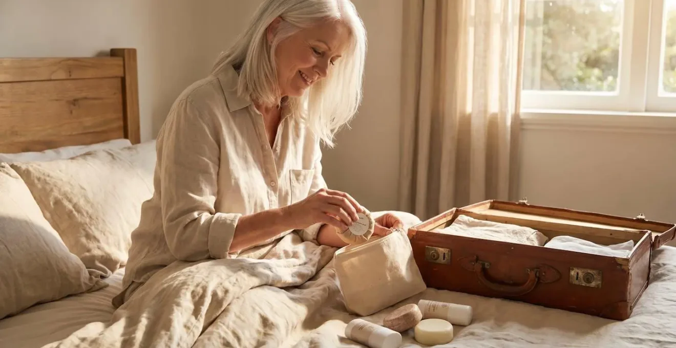 Femme aux cheveux blancs préparant sa trousse de voyage avec des cosmétiques solides bio